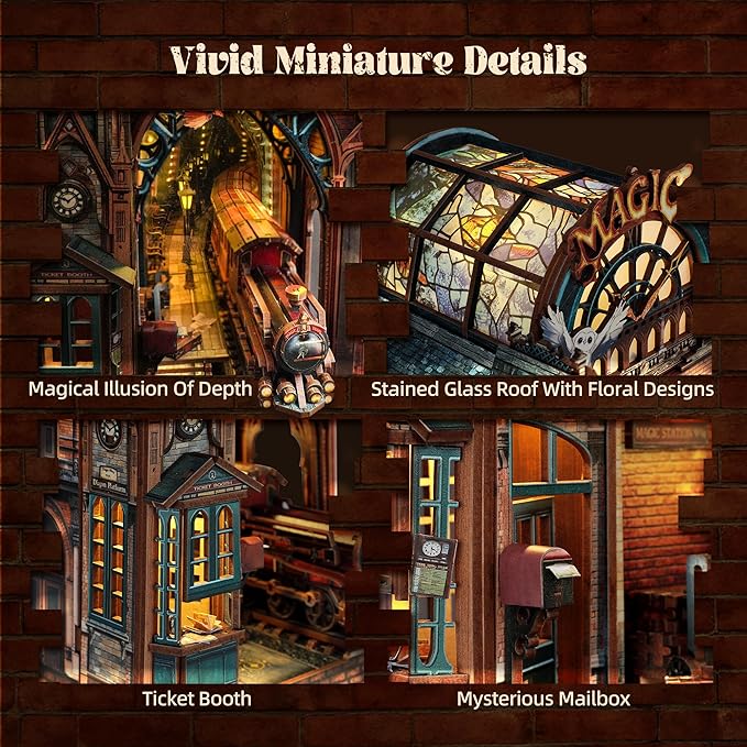 LED 3D Puzzle Magic Station Book Nook Kit - Interactive 3D Wood Puzzle LED Magical Miniature with Infinite Extension Space - DIY Bookshelf Insert Decor Gifts