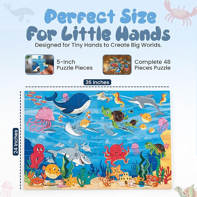 Jumbo 3D Ocean Floor Puzzle for Kids – Includes 7 Stand-Up Sea Animals - 48 pc Jumbo Jigsaw Puzzle | Educational Screen Free Activity for Toddler, Preschoolers and Kids Ages 3+ (2 x 3 Feet)