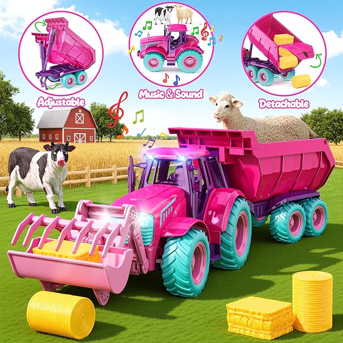 Funwee RC Tractor Toy Set with Light & Sound, Kids Farm Car Animal Trailer Wheels Remote Truck, Outdoor Vehicle Toys Birthday Gift Idea for 3 4 5 6 7+ Years Old Toddler Boys and Girls(Rose red)
