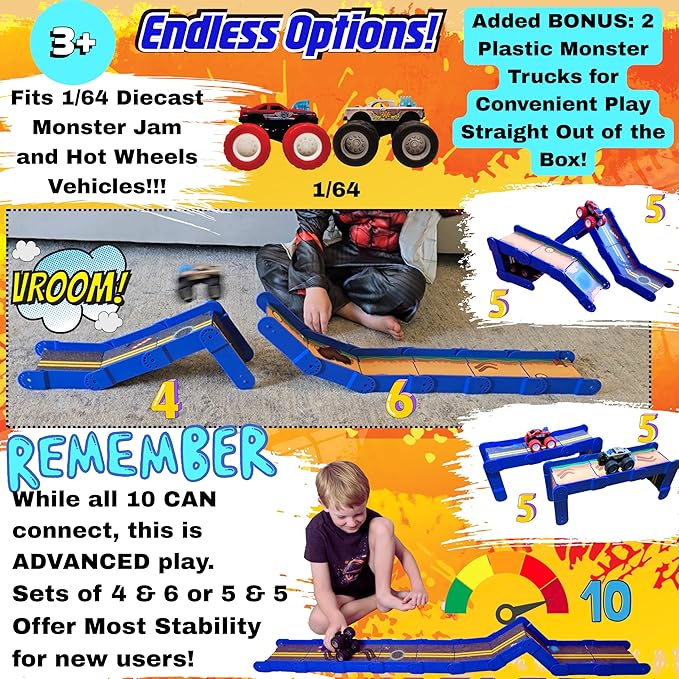 STEM Ramp Builder Set by Redi-Rampz–10 Modular Track Pieces with Adjustable Angles + 2 Monster Trucks | Build Custom Ramps, Bridges & Jumps (Ages 3+, No Batteries, Fits 1:64 Vehicles)