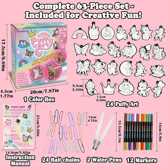 Magic Foam Painting Kit for Kids - Unicorn 3D Puffy Art Craft with 24 Ball chains, Mess-Free Puffy Textured Paint, Creative DIY Activity for Girls & Boys Ages 4-8, Birthday & Christmas Gifts