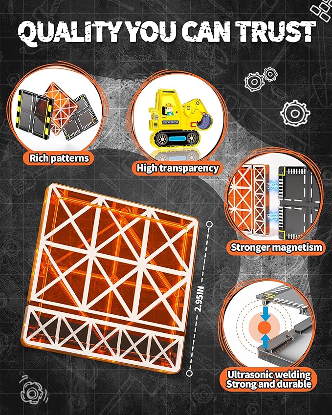 60pcs Double-Sided Magnetic Tiles with Sliding Tracks Construction Toys & Extendable Crane, Toddler Building City Road Set with Car for Kids 3 4 5 6 7 8, STEM Educational for Boys Girls