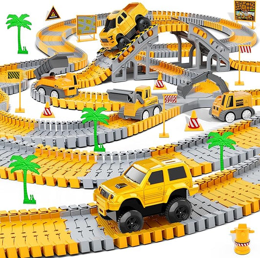 Kids Toys 253 PCS Construction Race Tracks Toy for 3 4 5 6 7 8 Year Old Boys Girls, 5 PCS Construction Truck Car and Flexible Track Play Set Create A Engineering Road Games Toddler Toys Birthday Gifts