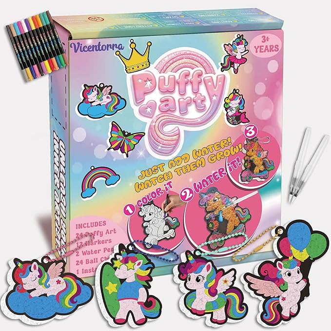 Magic Foam Painting Kit for Kids - Unicorn 3D Puffy Art Craft with 24 Ball chains, Mess-Free Puffy Textured Paint, Creative DIY Activity for Girls & Boys Ages 4-8, Birthday & Christmas Gifts