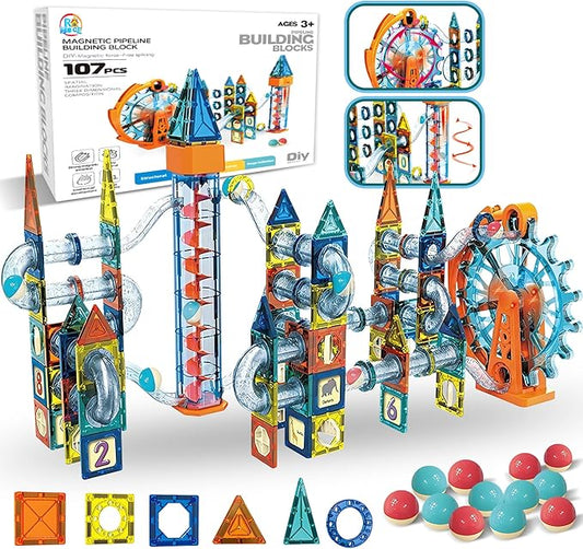 Motorized Marble Run Set, 107-Piece Magnetic Tile Building Toy with Ferris Wheel & Elevator, Marble Runs for Kids 4-8, Marble Maze Game Building Toy, Perfect STEM Educational Gift for Kids Ages 4-12