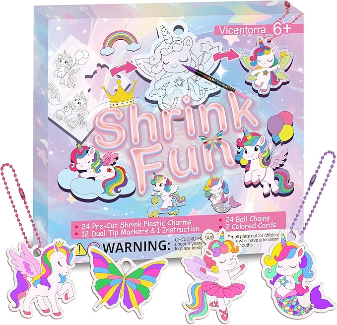 Vicentorra DIY Unicorn Shrinking Art Kit, 63 PCS That Creates Charms and Tags, Includes 24 Pre-Cut Charms, 12 Markers & 12 Ball Chains, No Mess Art & Crafts for Kids and Teens, Ideal Party Favor Gift