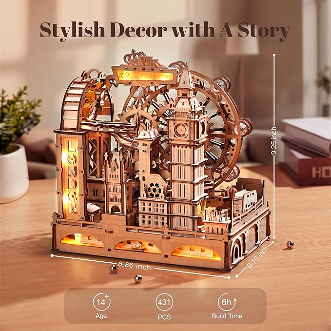 ROBOTIME Wooden Town Marble Run - 3D Wooden Puzzles for Adults EGB01 Night City Marble Run Kit - Wooden Puzzle Models for Adults to Build - Space/STEM/Engineering Gift
