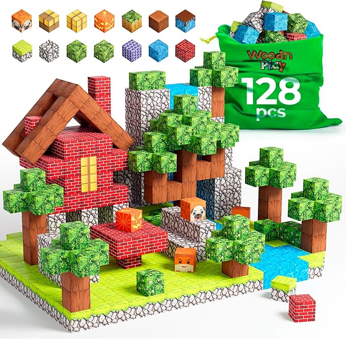 Magnetic Blocks Cubes 128PCS - STEM Cube Building Blocks & Magnet Tiles, Fidget, Montessori for Kids Ages 3-5 & 5-7 & 8-12, Magnetic Kit Cubes, Construction Magnet Toys Blocks Birthday Gifts