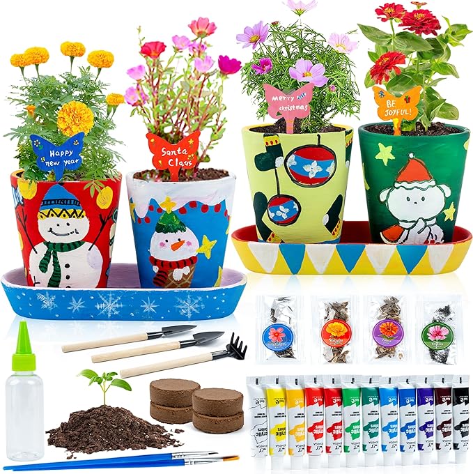 RGBDOT Kids Gardening Set Paint and Plant Stoneware Flower Gardening Kit with 4 Pots Arts and Crafts for Kids Ages 8-12 Best Children’s Day Gift for Girls Boys Ages 5 6 7 8 9 10