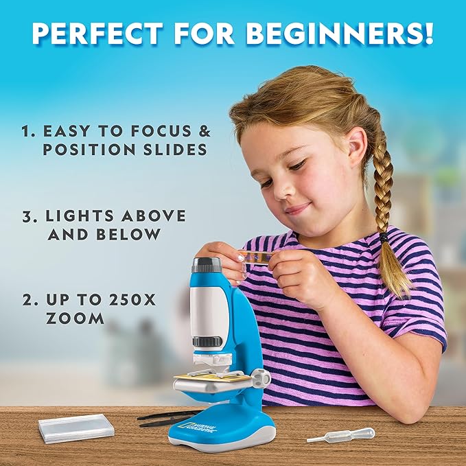 Blue Marble National Geographic Junior Microscope for Kids- Kit Includes Up to 250x Magnification Handheld Mini Attachment, 12 Slides, Lab Guide, Science Toy for Ages 6-12, STEM Project