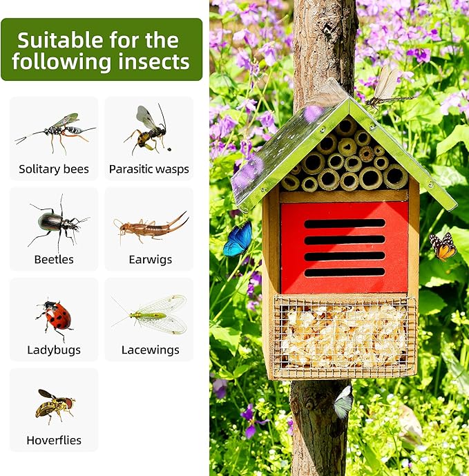 Wooden Mason Insect Bee Butterfly House with Metal roof,an Outdoor Hanging Habitat for Bee Butterfly Ladybugs