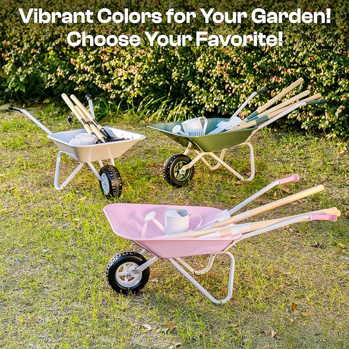 ROBOTIME Kids Wheelbarrow with Gardening Set – Metal Wheelbarrow Toddler Outdoor Play Toy with Garden Tools, Watering Can & Plant Labels, Pretend Play Yard Equipment for Boys and Girls (Green)
