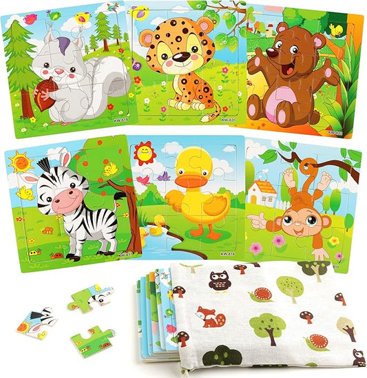 SYNARRY 6 Pack Wooden Jigsaw Puzzles for Kids Ages 3-5 Years Old, 9 Pieces Toddlers Animal Puzzles, Educational Preschool Learning Toys for Children Boys and Girls, Best Kids Puzzle Toys & Gifts