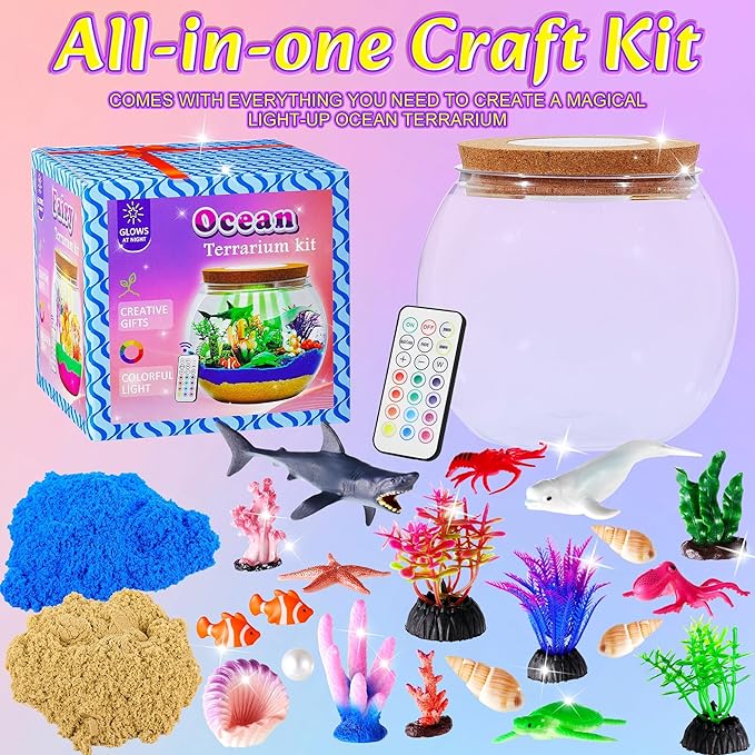Gifmore Ocean Terrarium Kit for Kids with LED Night Light & Remote Control, Ocean Toys & Arts and Crafts for Girls & Boys Ages 4-12, Creative Birthday Christmas Gifts for Kids