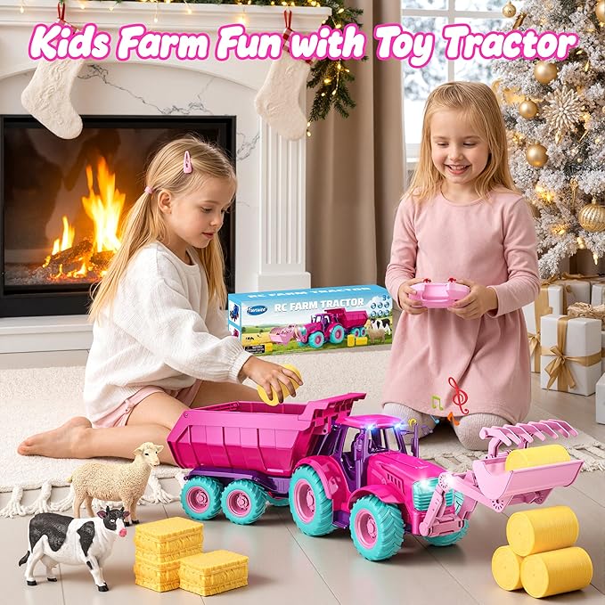 Funwee RC Tractor Toy Set with Light & Sound, Kids Farm Car Animal Trailer Wheels Remote Truck, Outdoor Vehicle Toys Birthday Gift Idea for 3 4 5 6 7+ Years Old Toddler Boys and Girls(Rose red)