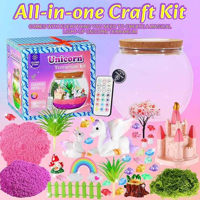 Gifmore Unicorn Terrarium Kit for Kids with LED Night Light & Remote Control, Unicorn Toys & Arts and Crafts for Girls Ages 4-12, Creative Birthday Christmas Gifts for Kids