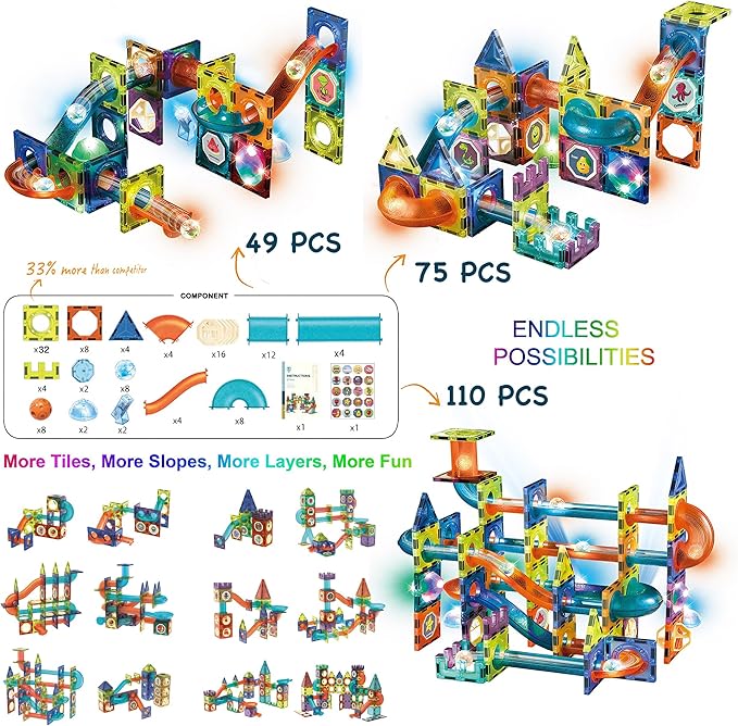Glowing Magnetic Tiles Marble Run Race Track Super Set - 110 Complete Pieces Glow in The Dark STEM Light Magnetic Building Blocks Gravity Marble Maze Games for Toddlers Kids Boys Girls Ages 3+ Years