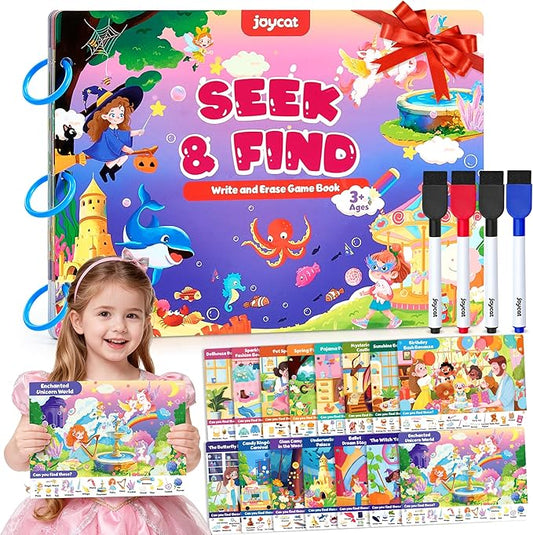 JoyCat Seek & Find Game Book, Educational Toys for Girls Ages 3-5, Preschool Learning Activities for Toddlers & Kids, Christmas Road Trip Travel Toys for Car & Airplane, Gifts for 3 4 5 6 Year Olds
