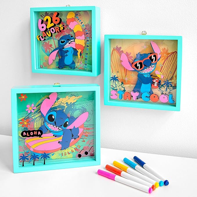 Fashion Angels Disney Stitch DIY 3D Shadow Box Kit, Kids Craft Set with Markers, Colorable Inserts & Backgrounds, Ideal Art Project for Girls & Boys Ages 8+