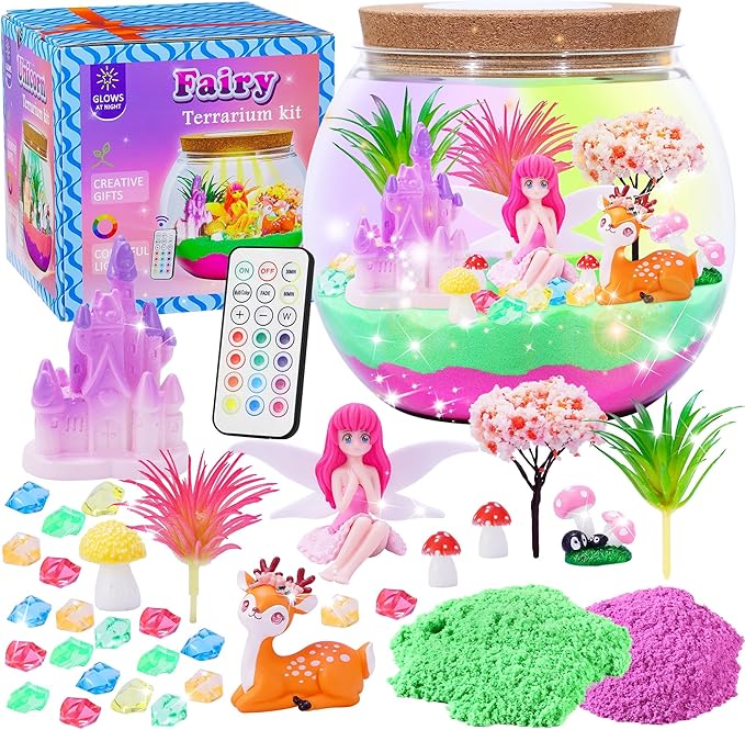 Gifmore Fairy Terrarium Kit for Kids with LED Night Light & Remote Control, Fairy Toys & Arts and Crafts for Girls Ages 4-12, Creative Birthday Christmas Gifts for Kids