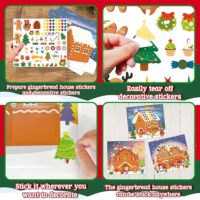 LINAYE 48PCS Make A Gingerbread House Stickers, Christmas Crafts for Kids Toddlers, Gingerbread House Craft Stickers, Christmas Activities Games for Kids Party Favors, 24 Finished Products