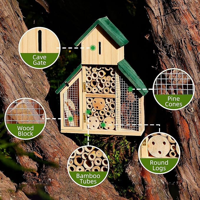 3 Tier Wooden Insect House, Bug Hotel Garden, Outdoor Hanging Shelter for Bees, Bee House, Outdoor Hanging Shelter for Bees, Ladybugs & Butterflies, Wildlife House with Bamboo & Pine Cones