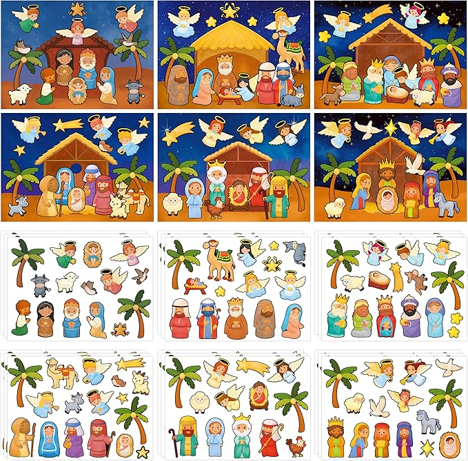 LINAYE 48 Sheets Nativity Scene Stickers, Religious Christian Christmas Stickers Nativity Crafts for Kids School Classroom, Christmas Activities Games for Kids Party Favors 24 Finished Products
