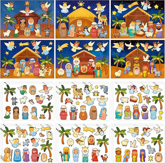 LINAYE 48 Sheets Nativity Scene Stickers, Religious Christian Christmas Stickers Nativity Crafts for Kids School Classroom, Christmas Activities Games for Kids Party Favors 24 Finished Products