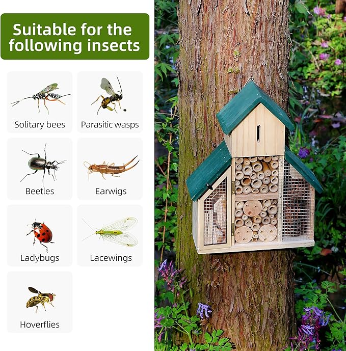 3 Tier Wooden Insect House, Bug Hotel Garden, Outdoor Hanging Shelter for Bees, Bee House, Outdoor Hanging Shelter for Bees, Ladybugs & Butterflies, Wildlife House with Bamboo & Pine Cones