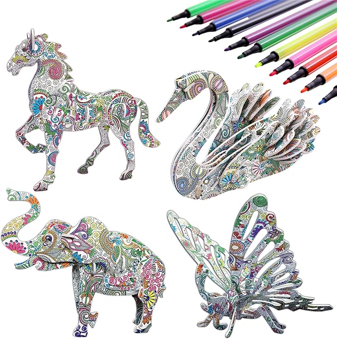 KAZOKU 3D Coloring Puzzle Set, Arts and Crafts for Girls&Boys Ages 6-12 Toys 4 Animals Puzzles with 12 Coloring Pens Supplies Fun Painting Kit Kids Age 8 9 10 11 12 Birthday Children's Day Gift