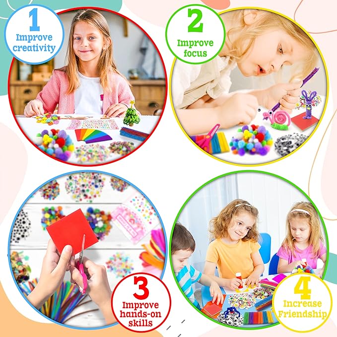 LINAYE 3000PCS Arts and Crafts Supplies for Kids, DIY Craft Box Kits, Craft Supplies Set Include Pompoms, Pipe Cleaners for Kids Ages 4-6 6-8 Birthday Christmas Gifts for Boys Girls Rose