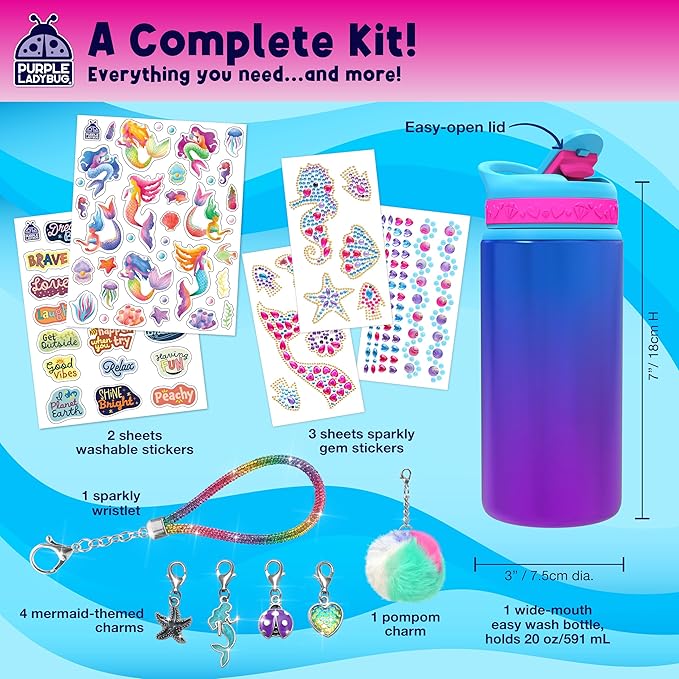 PURPLE LADYBUG Decorate Your Own Water Bottle for Girls - Mermaid Gifts for Girls Age 6-8, Gifts for 5 6 7 8 9 10 Year Old Girl Birthday, Christmas Gift, Crafts for Girl Ages 6-8