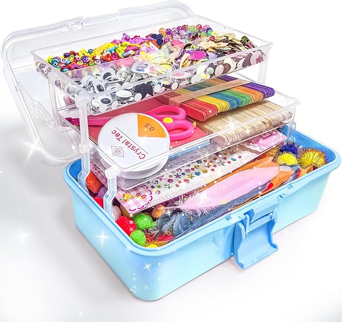 LINAYE 3000PCS Arts and Crafts Supplies for Kids, DIY Craft Box Kits, Craft Supplies Set Include Pompoms, Pipe Cleaners for Kids Ages 4-6 6-8 Birthday Christmas Gifts for Boys Girls Blue