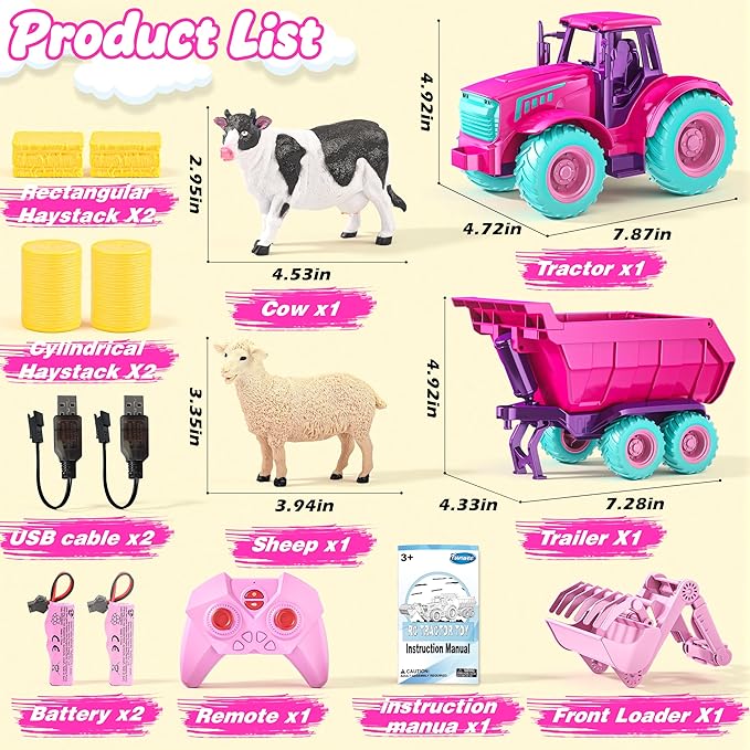 Funwee RC Tractor Toy Set with Light & Sound, Kids Farm Car Animal Trailer Wheels Remote Truck, Outdoor Vehicle Toys Birthday Gift Idea for 3 4 5 6 7+ Years Old Toddler Boys and Girls(Rose red)