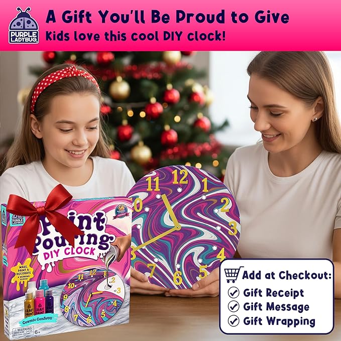 PURPLE LADYBUG Pouring Paint DIY Clock Kit - Creative Kids Painting Kit - 6 7 8 9 10 11 12 Year Old Girl Gift Ideas, Birthday & Christmas Gifts for 6-12 Year Old Boys & Girls - Crafts for Kids 8-12