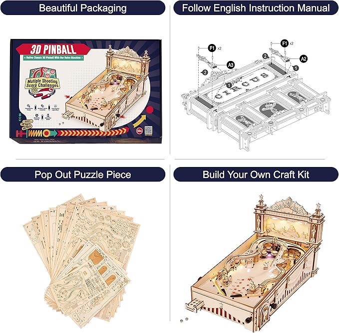 Rowood Wooden Puzzles 3D Pinball Machine Mechanical Model Wooden 3D Puzzles for Adults DIY Pinball Game Wooden Puzzle-Model Building Kits Christmas Birthday Gifts for Adult and 14+