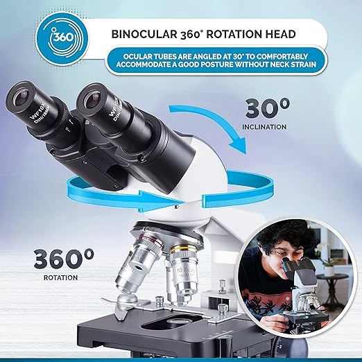 AmScope 40X-2500X LED Lab Binocular Compound Microscope with Double Layer Mechanical Stage + Book + 100 Coverslips & 50 Blank Slides