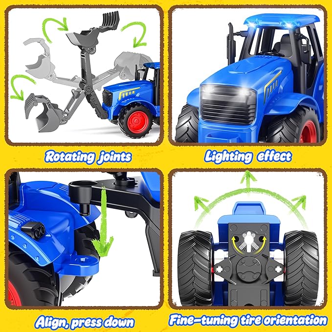 Funwee RC Tractor Toy Set with Light & Sound, Kids Farm Car Animal Trailer Wheels Remote Truck, Outdoor Vehicle Toys Birthday Gift Idea for 3 4 5 6 7+ Years Old Toddler Boys and Girls(Blue)