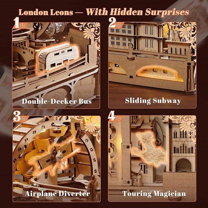 ROBOTIME Wooden Town Marble Run - 3D Wooden Puzzles for Adults EGB01 Night City Marble Run Kit - Wooden Puzzle Models for Adults to Build - Space/STEM/Engineering Gift