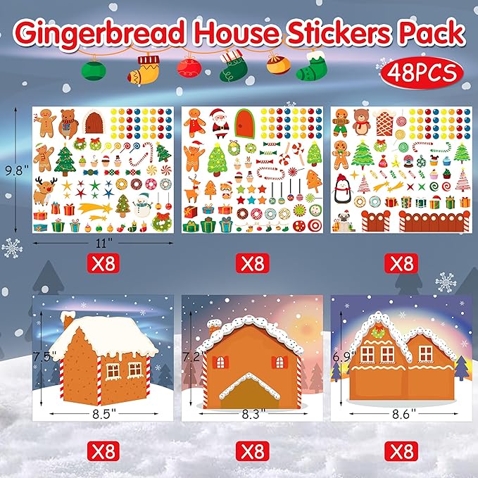 LINAYE 48PCS Make A Gingerbread House Stickers, Christmas Crafts for Kids Toddlers, Gingerbread House Craft Stickers, Christmas Activities Games for Kids Party Favors, 24 Finished Products