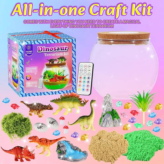 Gifmore Dinosaur Terrarium Kit for Kids with LED Night Light & Remote Control, Dinosaur Toys & Arts and Crafts for Boys Ages 4-12, Creative Birthday Christmas Gifts for Kids