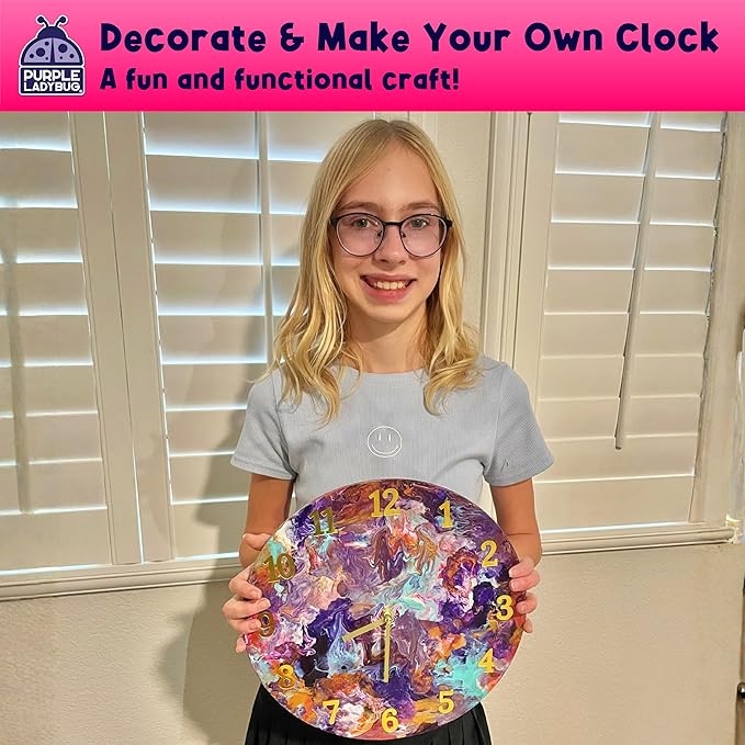 PURPLE LADYBUG Pouring Paint DIY Clock Kit - Creative Kids Painting Kit - 6 7 8 9 10 11 12 Year Old Girl Gift Ideas, Birthday & Christmas Gifts for 6-12 Year Old Boys & Girls - Crafts for Kids 8-12