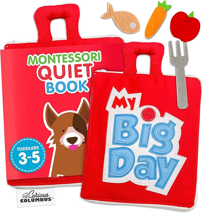 Curious Columbus Quiet Book for Toddlers – Large Fabric Montessori Activity Book with 10 Pages for Learning and Quiet Play, Airplane and Road Trip Travel Toy