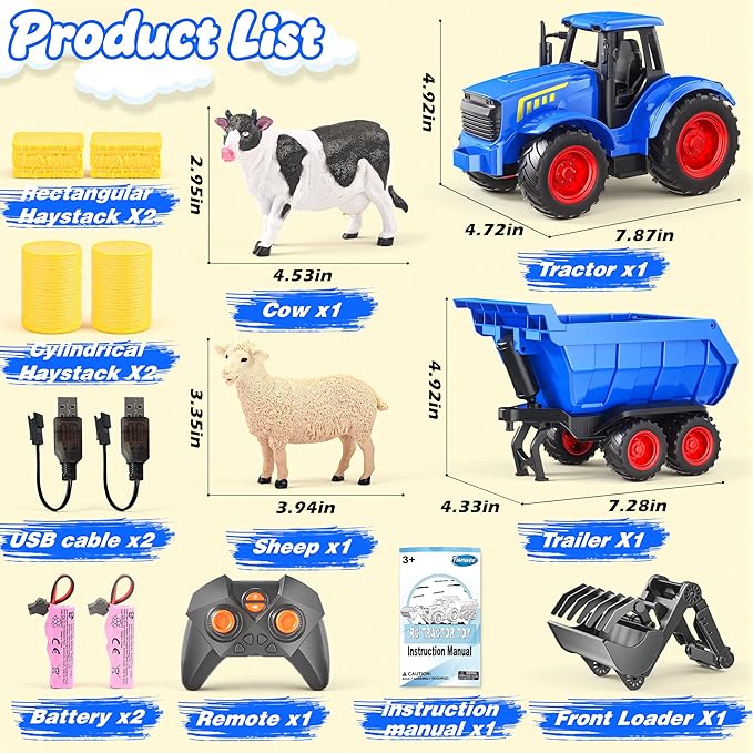 Funwee RC Tractor Toy Set with Light & Sound, Kids Farm Car Animal Trailer Wheels Remote Truck, Outdoor Vehicle Toys Birthday Gift Idea for 3 4 5 6 7+ Years Old Toddler Boys and Girls(Blue)