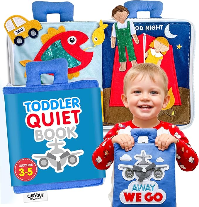 Curious Columbus Quiet Book – Away We Go Busy Book for Toddlers, Montessori Airplane Travel Toy for Preschool and Early Learning