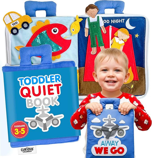 Curious Columbus Quiet Book – Away We Go Busy Book for Toddlers, Montessori Airplane Travel Toy for Preschool and Early Learning
