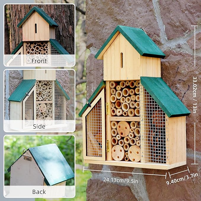 3 Tier Wooden Insect House, Bug Hotel Garden, Outdoor Hanging Shelter for Bees, Bee House, Outdoor Hanging Shelter for Bees, Ladybugs & Butterflies, Wildlife House with Bamboo & Pine Cones
