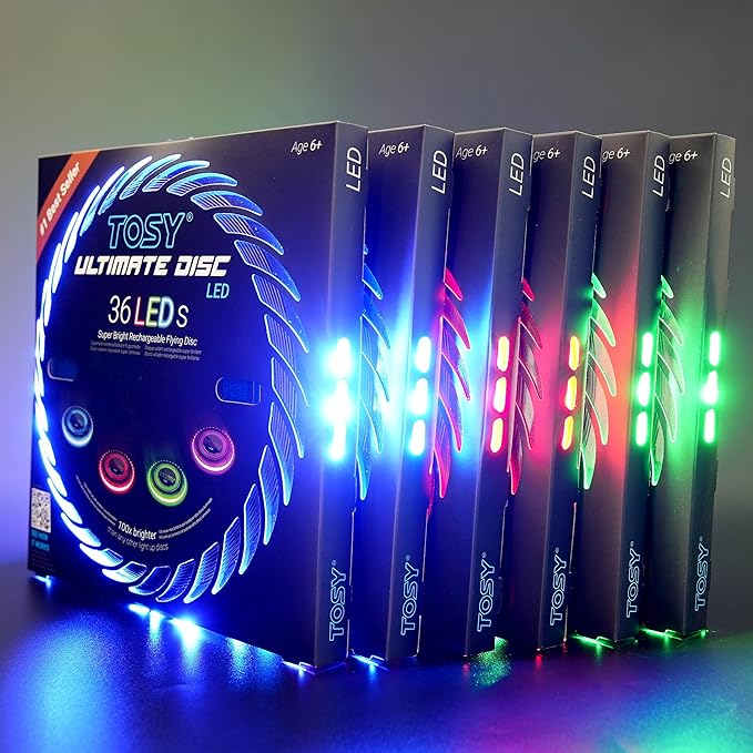 6 of TOSY Flying Disc 36 LEDs, Extremely Bright, Smart Modes, Auto Light Up, Rechargeable, Perfect Birthday & Camping Gift for Men/Boys/Teens/Kids, 175g frisbees