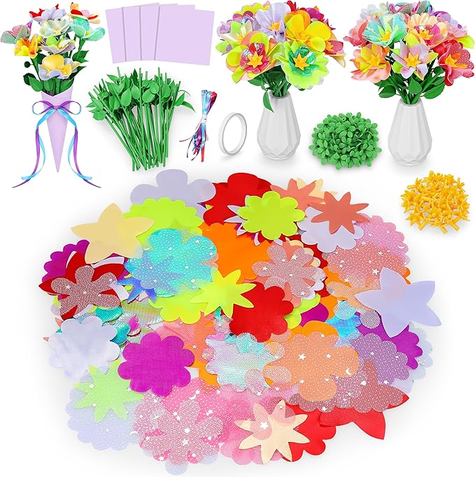 DIY Fabric Flower Bouquet Toy Accessories with 2 White Vases - Flower Market Toy Fitting Set - Arts & Crafts Toy