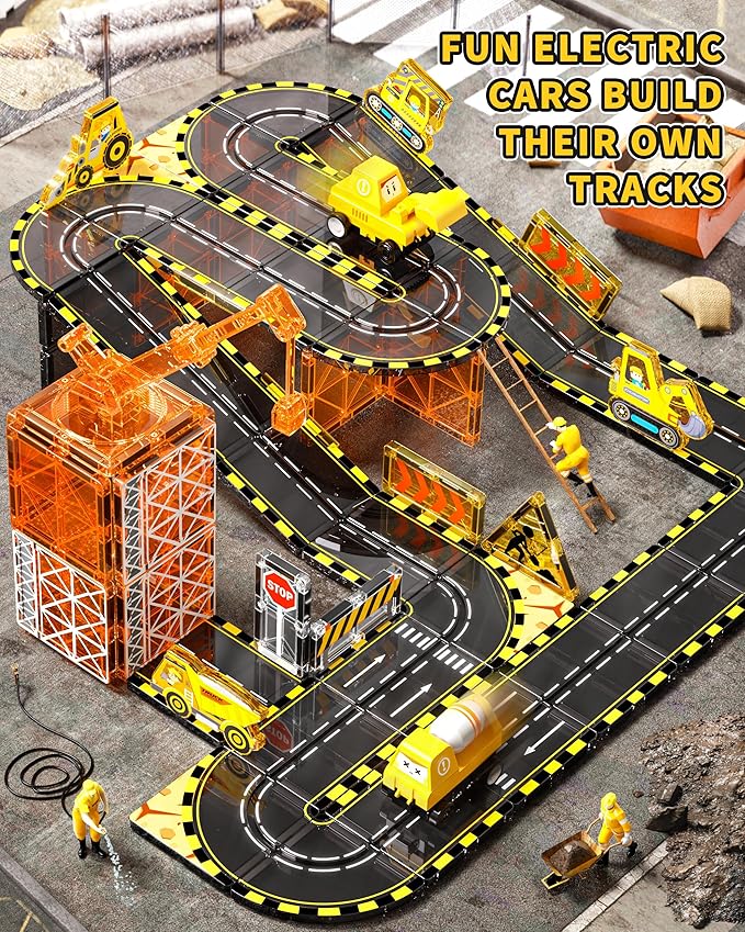 60pcs Double-Sided Magnetic Tiles with Sliding Tracks Construction Toys & Extendable Crane, Toddler Building City Road Set with Car for Kids 3 4 5 6 7 8, STEM Educational for Boys Girls